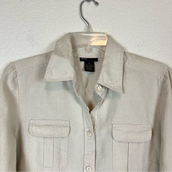 Grace Elements Tan Beige Linen Button Front Long Sleeve Shirt Size 10 - Picture 2 of 8